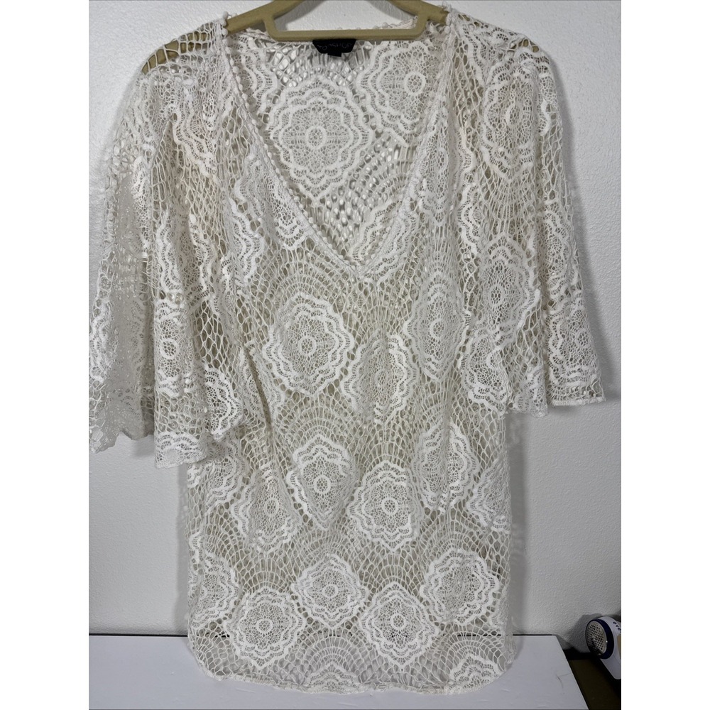 Topshop White Ivory Lace Long Top Medium Boho Summer Chic Cover Up V1